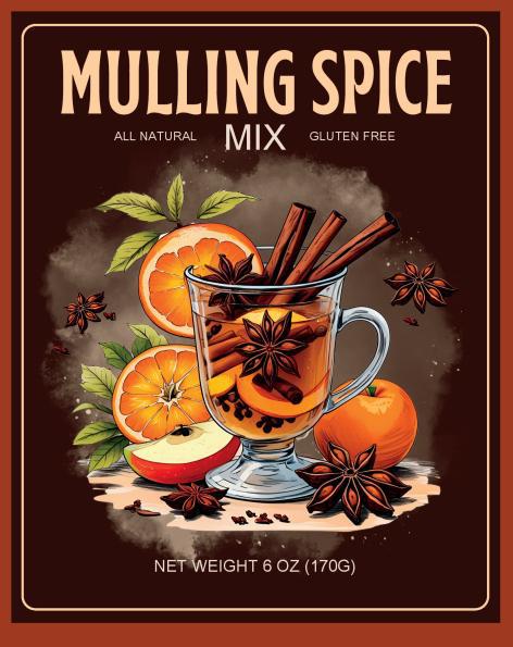 Mulling spice mix packaging with a glass of spiced liquid, oranges, apples, and cinnamon sticks on a dark background.